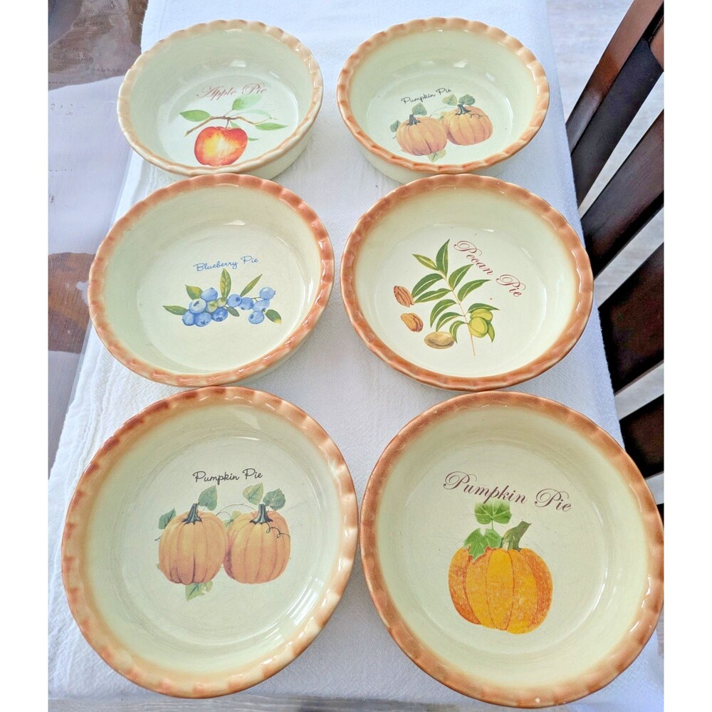 Nantucket Ceramic Mini Pie Pans Set of 6 Apple Pumpkin Pecan Blueberry Dish